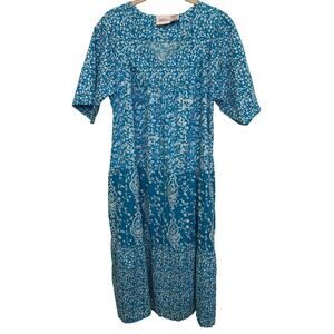Vermont Country Store Blue Cotton House Dress Lounge Boho Muumuu Small